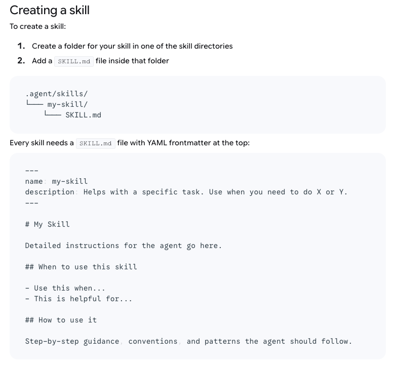 Agent Skills in <a href="/antigravity/">Google Antigravity</a> now available. 

Store: 
- `.agent/skills/` 
-  `~/.gemini/antigravity/skills/` 

Start a new agent and use it. Compatible with Gemini CLI, Claude Code,OpenCode and other skills. (move folders)