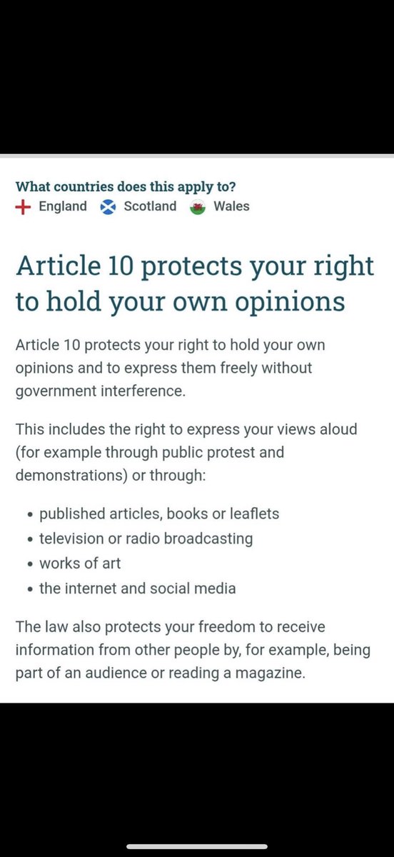CartlandDavid's tweet image. 🚨🇬🇧 KNOW YOUR RIGHTS: ARTICLE 10 STILL STANDS

Before police start knocking over posts on X, remember this.

🔴 Article 10 of the Human Rights Act 1998 protects your right to hold opinions and to express them
🔴 It applies across England, Scotland and Wales
🔴 It covers speech…