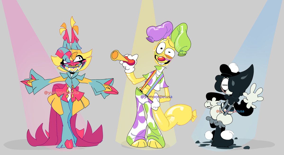 yumoonpelusa's tweet image. Behold! My circus trio redesigns! ...i'll probably do finn and shrimpo next #dandysworld #dandysworldart