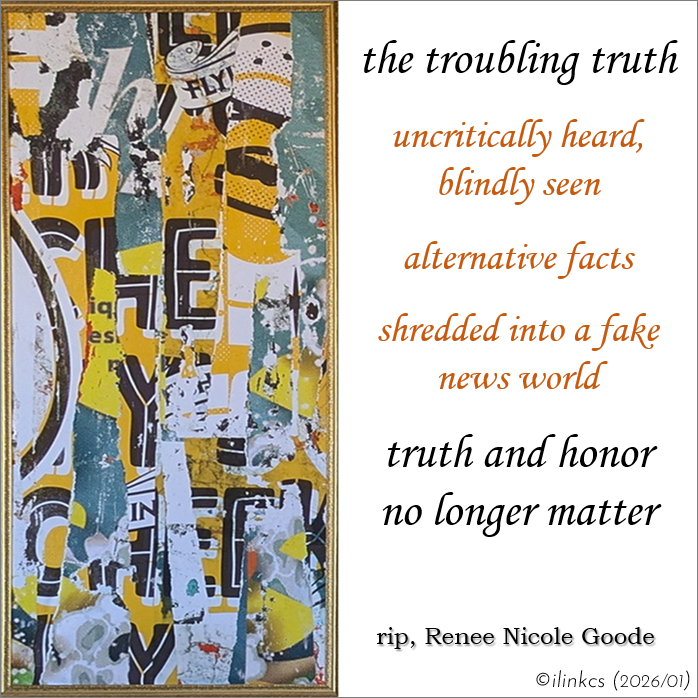 ilinkcs's tweet photo. reflecting on Renee Goode
& the shredding of truth
cut & pasted
into contradictory narratives
of lies & perversion
to redirect eyes & ears
away from corruption & greed
this is how democracy fails,
truth & honor dies
ALT=deets
#poem #poetry #tanka
#reneeGoode #truth #honor https://t.co/hBQeE8zlql