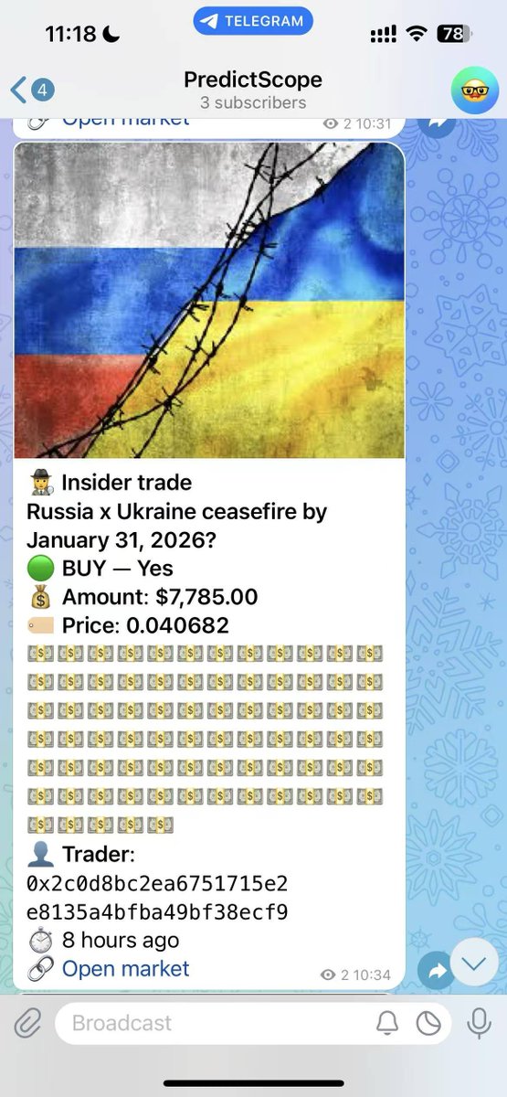 Our channel discovered this insider-trading address. 

Over a 10-hour period it made large purchases of stocks betting on a ceasefire in the Russia–Ukraine war. 

Do you think he will earn more than 20× returns?
Our channel:  t.me/predictscope