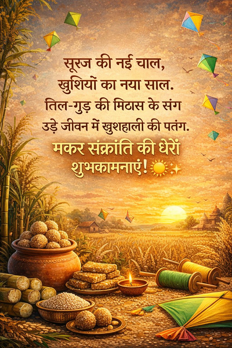 **सूरज की नई चाल, 🌄
खुशियों का नया साल।
तिल-गुड़ की मिठास के संग🍬
उड़े जीवन में खुशहाली की पतंग।🪁🪁
मकर संक्रांति की ढेरों शुभकामनाएँ! 🌞✨**