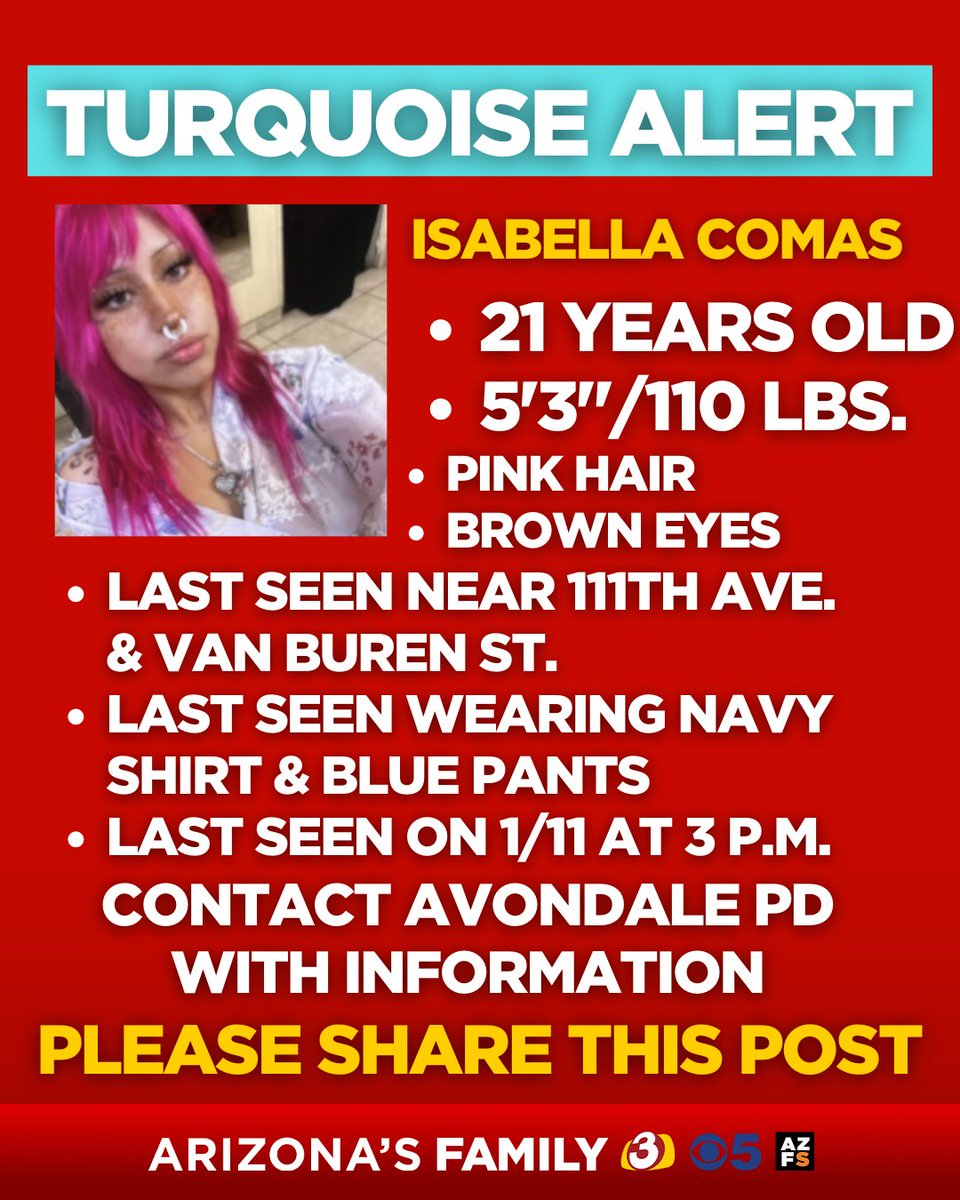 azfamily's tweet photo. Investigators said they found her cellphone but no sign of her.
LATEST: https://t.co/VhBG84X7ZQ
#TurquoiseAlert #MissingPerson #Avondale #Arizona #ArizonaDPS #AvondalePolice #BringHerHome #HyundaiSonata #PublicAlert #AZNews https://t.co/5ebtZMJctN