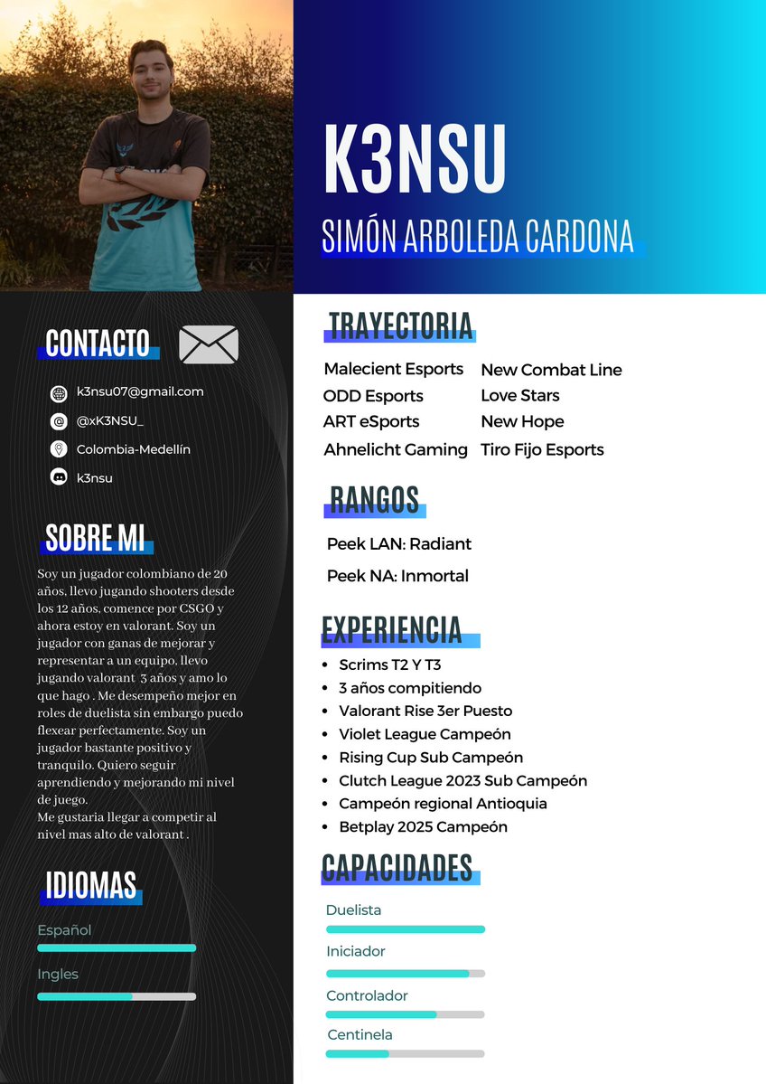 Buenas Buenas , Actualmente sigo en <a href="/TirofijoEsports/">TIROFIJO E-SPORTS</a> pero estoy en busca de ofertas . Juego principalmente duelista pero puedo jugar cualquier rol y adaptarme a las necesidades del equipo, un horario flexible y muchas ganas de mejorar. 
V , ❤️ Y 🔁 Me ayudan mucho.