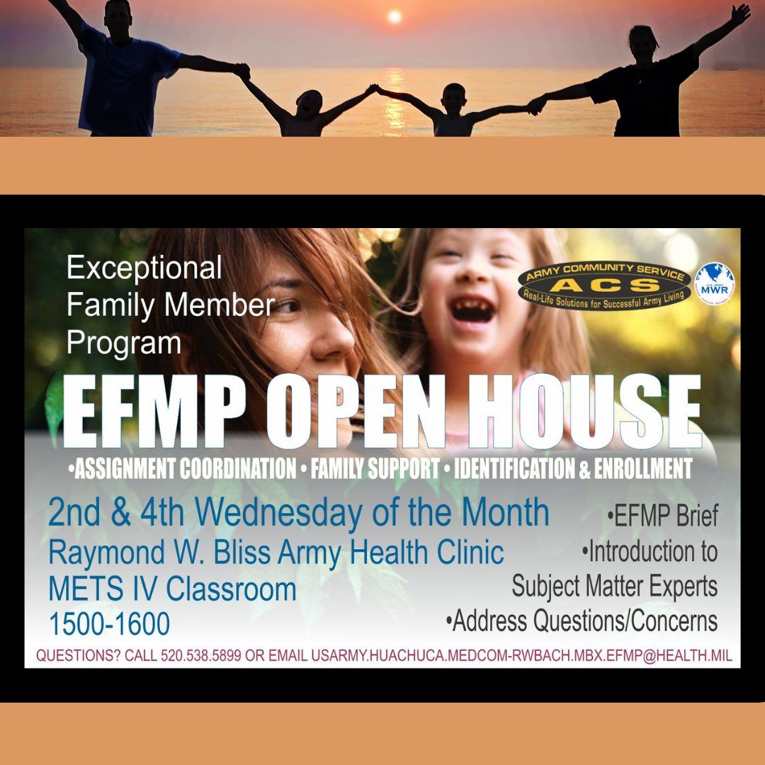 MWRHuachuca's tweet photo. The EFMP team is available every 2nd and 4th Wednesday of the month to provide information, answer your questions, and guide you through the enrollment, renewal, and overseas screening process!
Call (520) 538-5899 to register and for more information. https://t.co/6bIKgfIGGv