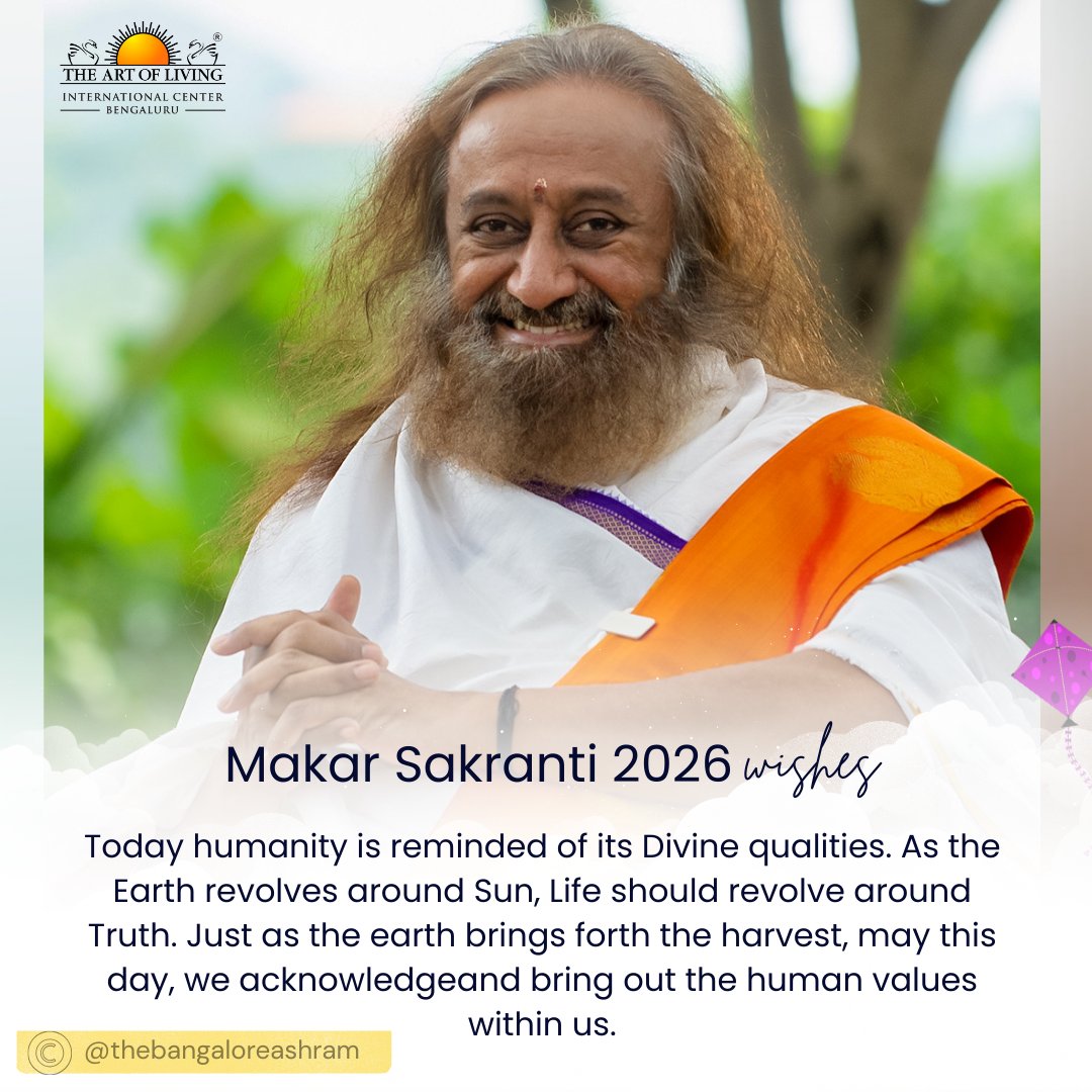 ArtofLivingIC's tweet photo. Makar Sankranti 2026 — a festival of transformation. As the Sun begins its northward journey, may our lives move towards clarity, harmony, and truth.
आ नो भद्राः क्रतवो यन्तु विश्वतः
Just as the harvest nourishes life, may noble thoughts, wisdom, compassion guide our journey towards light and truth.
Wishing every one a very prosperous Sakranti, full of gratitude, renewal, and rising towards higher values.