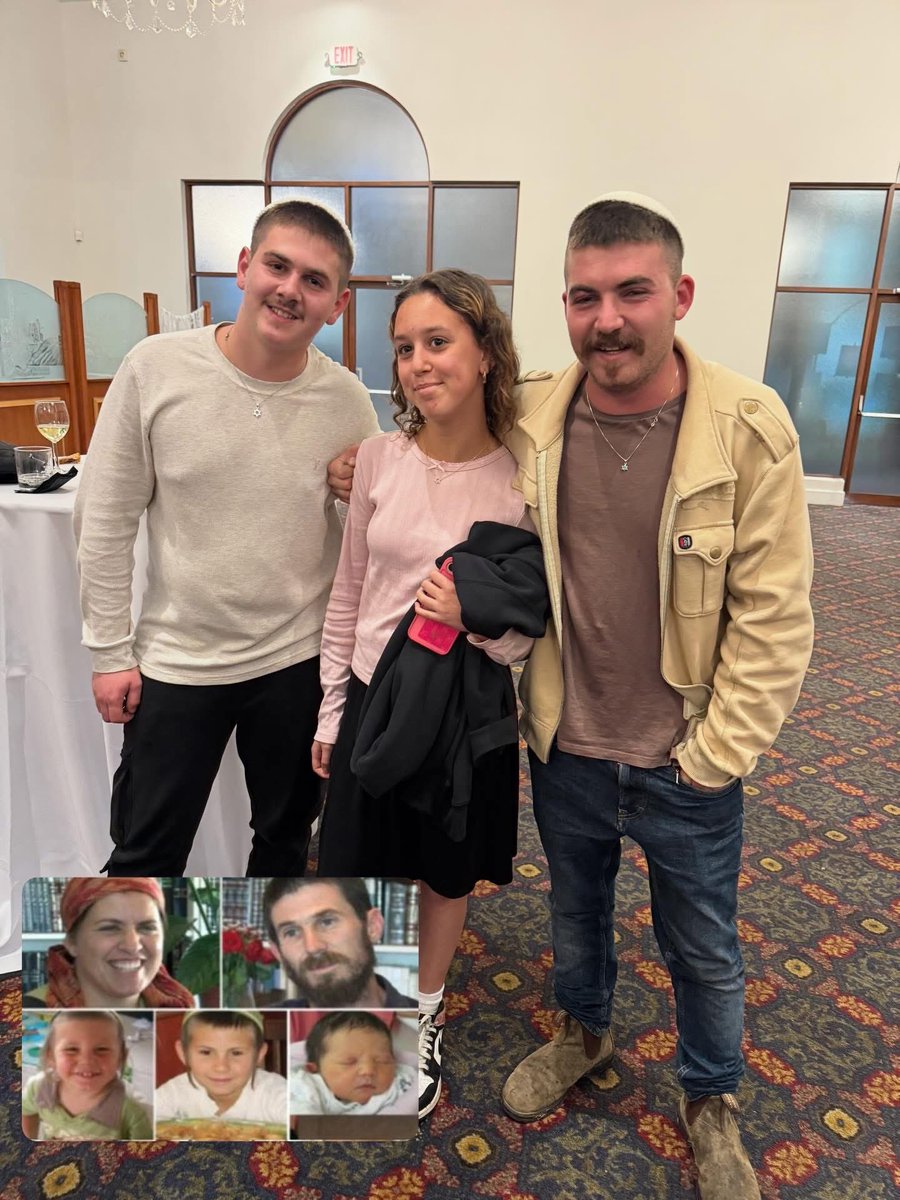 HenshiG's tweet image. From Joseph Waks 

Just now in Boca Raton, a young girl walked up to Roey and Yishai Fogel, the two boys who survived the Itamar massacre in 2011, where their parents and three siblings were viciously slaughtered, and softly said, “I’m named after your sister.” She was born right…