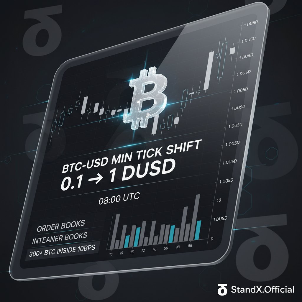 gm small but important change landing tomorrow: BTC-USD min tick shifts  from 0.1 to 1 DUSD at 08:00 UTC. fewer penny jumps, fewer ghost layers,  less cancel/replace churn. books read cleaner, intent