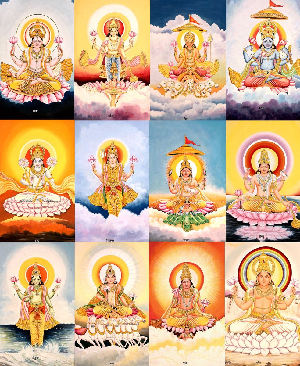 OGSaffron_'s tweet photo. The Twelve Adityas: Dhata, Aryama, Mitra, Varuna, Indra, Vivasvan, Tvasta, Vishnu, Amshuman, Bhaga, Pusha, and Parjanya. Glory be to Mighty Surya Narayana! https://t.co/RXGEAUKYpk