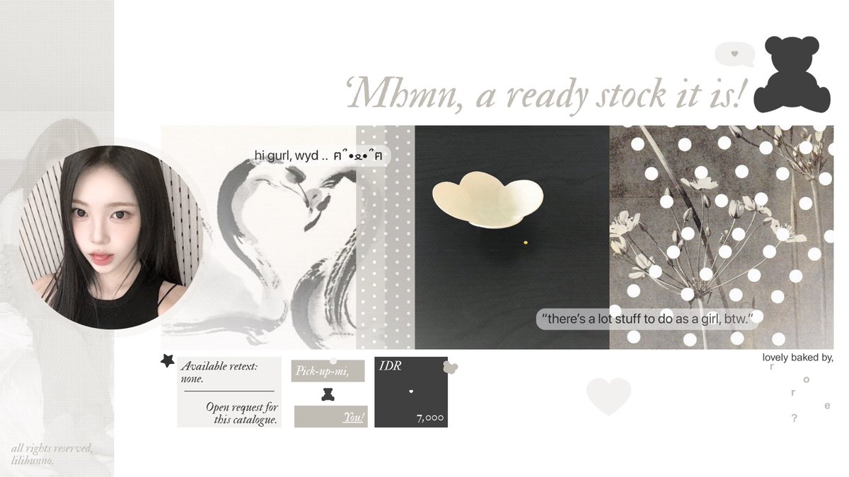 ello-wello, kitten? 
pick-up-mi.  ꒰ྀི⸝⸝ɞ̴̶̷ ·̫ ‹⸝⸝꒱  / #zonauang

ready stock layout karina aespa &amp; ian h2h. avail payment through qris, boleh langsung chat tele aku saja, t.me/peannute. she’s waiting for her new mama. ❤︎