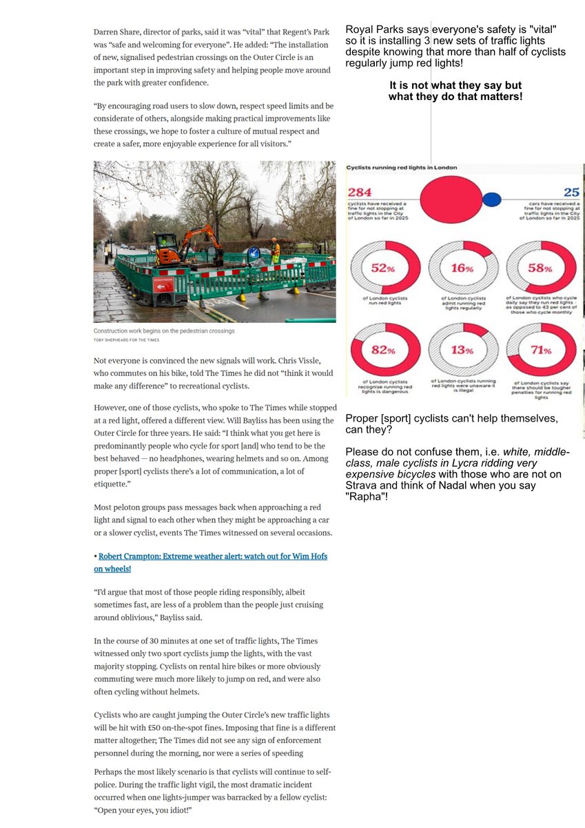 FidelUK's tweet image. Over half of cyclists admit to jumping red lights — yet @theroyalparks thinks adding 3 sets in Regent’s Park will somehow make things safer.

Genius. Because nothing says #VisionZero like more lights no one obeys.
@London_Cycling @willnorman @THINKgovuk @APPGCW @WalkWheelCycleT