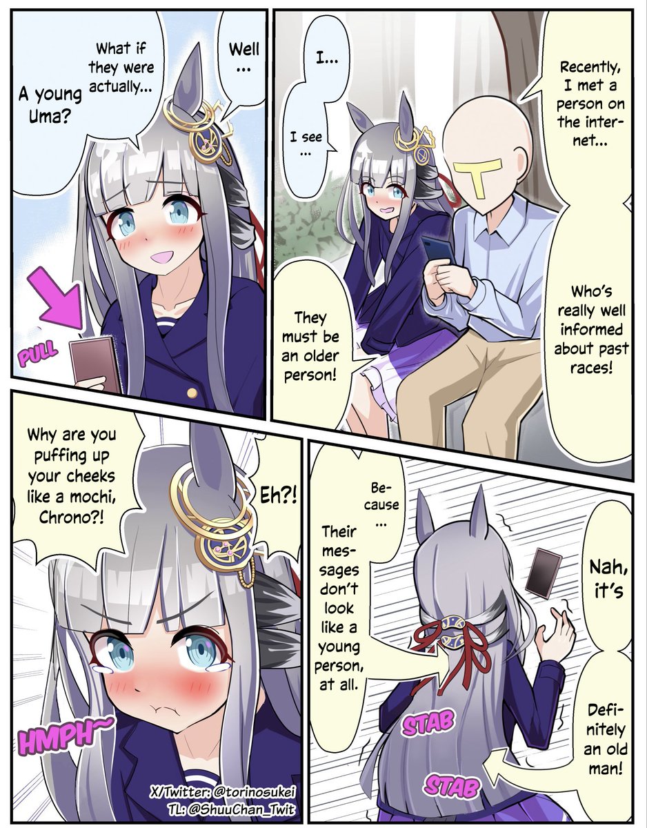 ShuuChan_Twit's tweet image. こちらが英語版です！
[English Version!]
アーティスト/Artist: @torinosukei 

Chrono, who realized that the person who she hit off with was Trainer-san, missed her timing to say that it's her, and puffed up into a mochi.
#umamusume #ウマ娘 #UmaTranslations