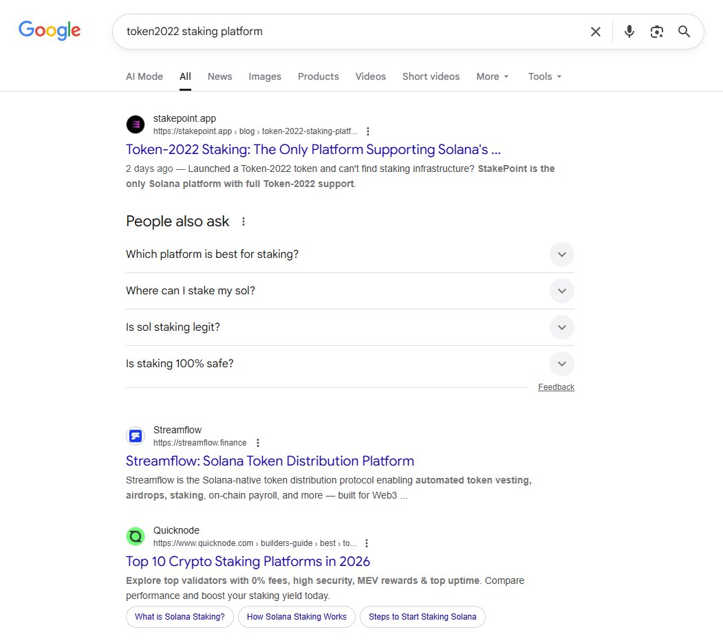Just hit #1 on Google for Token-2022 staking!

We built StakePoint to be the only platform supporting both SPL and Token-2022 tokens on Solana. If you launched a token with transfer taxes or extensions and couldn't find staking infrastructure, that's exactly why we exist!

Visit: