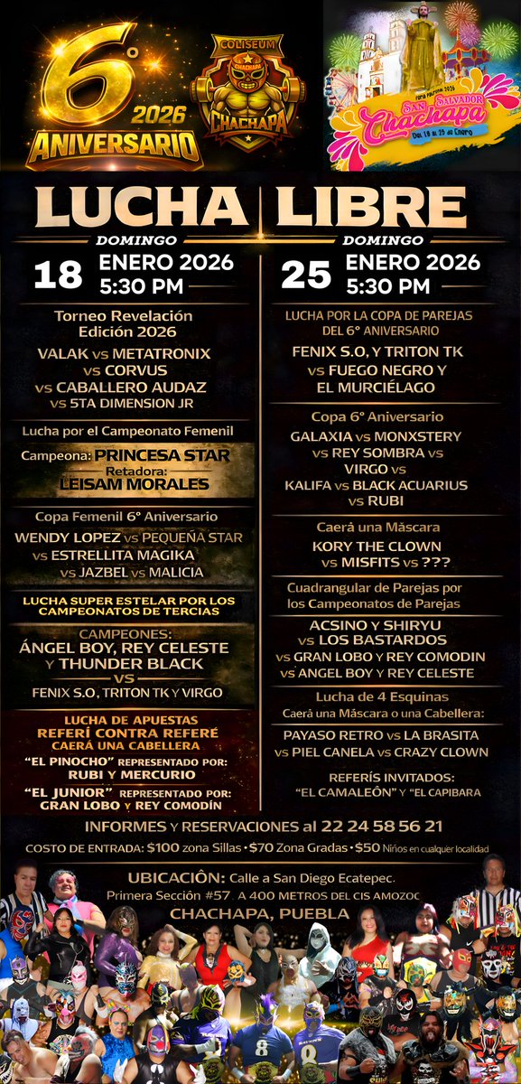 CCMCampos91's tweet photo. 📢 Presentamos el Cartel con nuestras 2 Fechas Celebrando Nuestro 6° Aniversario 🥳
Trofeos, Cabelleras, Máscaras y Campeonatos en Juego... No te lo pierdas‼️ #FeriaChachapa2026
#SextoAniversario 🎆🎇

📍 COLISEUM GYM CHACHAPA 🏟️
🗓️ DOMINGO 18 DE ENERO y 25 DE ENERO 2026 https://t.co/Nqbi9LAjkr