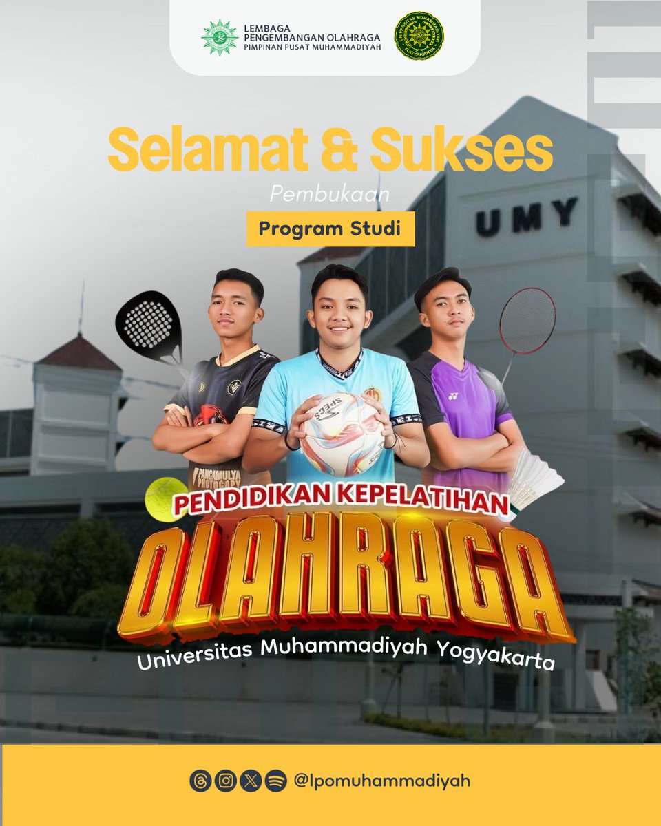 Lembaga Pengembangan Olahraga PP Muhammadiyah mengucapkan:
Selamat &amp; sukses atas pembukaan Prodi S1 Pendidikan Kepelatihan Olahraga Universitas Muhammadiyah Yogyakarta.
Semoga menjadi pusat lahirnya insan olahraga yang berilmu dan berakhlak.