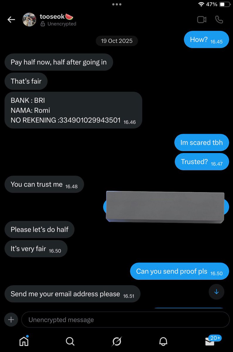 7kekekeke's tweet image. ‼️SCAMMER ALERT CONCERT TICKET‼️

account seemed legit &amp;amp; responsive at first, but after payment excuses their proxy was offline and promised a refund but ended up blocked me😡

please be careful with this account @/ tooseok @/ tooseokoim

BANK : BRI 334901029943501
NAMA: Romi