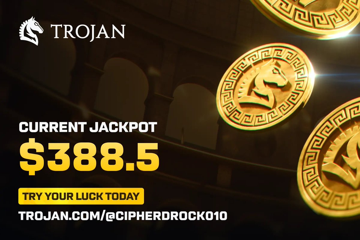 cipherrock's tweet image. Another 24hrs to get lucky....
Last price pool was $6k and today is starting off with on fire with just few minutes in already.

Don't be left out and get lucky today trojan.com/@cipherDrock010.