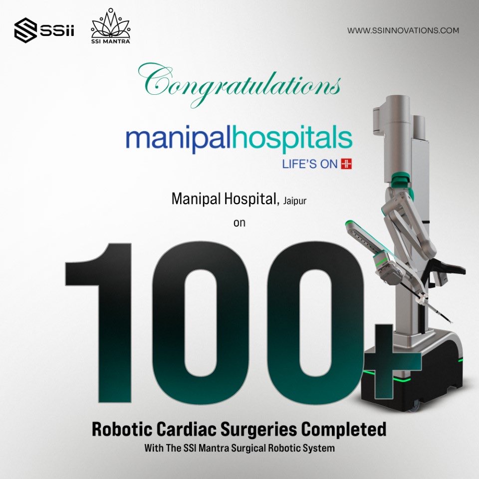 SSINNOVATIONS_'s tweet photo. Congratulations to Dr. Lalit Malik on completing 100 robotic cardiac surgeries using the Mantra Surgical Robotic System. A proud milestone for Manipal Hospitals Jaipur and a big step forward for advanced cardiac care in India. 

#roboticsurgery #cardiaccare #manipalhospitals #ssi https://t.co/XvOlOmLSiZ