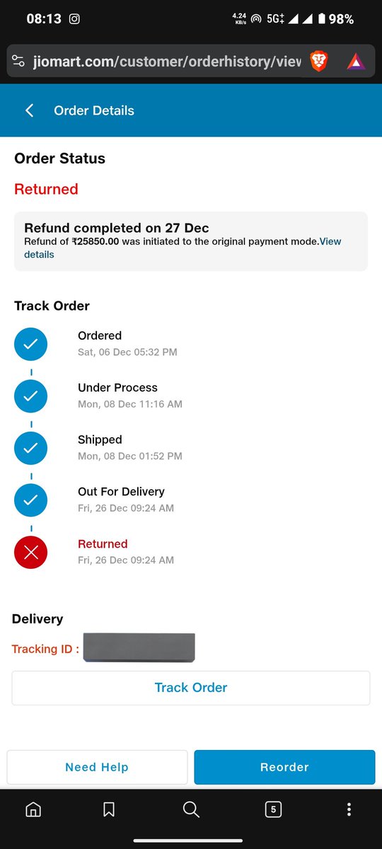 SBTECHMANIA1's tweet photo. Pathetic experience with @JioMart 
I ordered a smartphone on 6th December, but even after multiple rescheduled delivery dates the order was automatically returned with any prior confirmation or consent on 26th of December. Thankfully the refund was quick. https://t.co/LgezolWcte