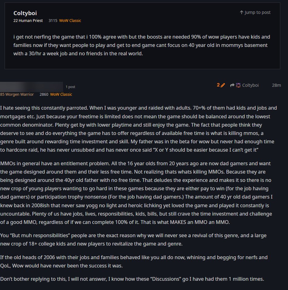 Nekrage's tweet photo. Yup. Casuals will ALWAYS cry when they perceive their own weakness and fear failure.  Blizzard is catering to these casuals and that will be the death of TBC's population &amp; Classic+  

https://t.co/RpHe36kwo0

#classicwow #worldofwarcraft https://t.co/y0cGgAjWIF