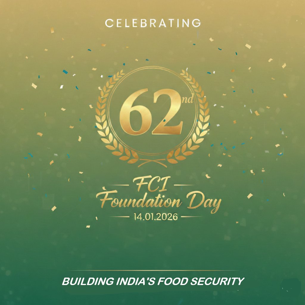 Food Corporation of India proudly marks its 62nd Foundation Day—a journey of over six decades dedicated to strengthening India’s food security, supporting farmers, and ensuring sustained access to food grains for millions across the country.

Join us as we celebrate this