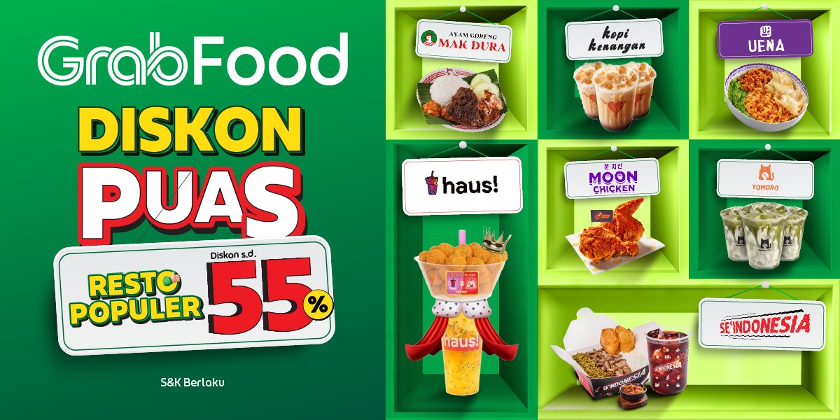 GrabID's tweet photo. Mending buruan deh, mumpung lagi ada promo Diskon Puas Mega Brand. π€©
Tiap #ngeGrabFood Moon Chicken, Ayam Goreng Mak Dura, Tomoro Coffee, Seindonesia, UENA, Kopi Kenangan, dan HAUS, kamu bisa dapet diskon s.d. 55%
Gasss, pesen di #GrabFoodID sekarang!
https://t.co/KIZQLlx5Yj https://t.co/0ivxWmrOwG