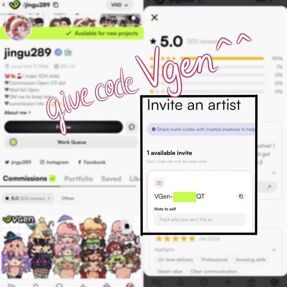 Yay~yay To celebrate 200+ 5-star reviews on VGen💚
I’m giving away 1 VGen Invite Code to a lucky artist🎨
to enter:
👉Follow me 
♥️ &amp; 🔁
Drop your art⬇️🎨
End: 48 hours! ⏳
Thanks for the support! Good luck!
#VGencomm #VGenCode #Giveaway #artraffle #VGenArtist