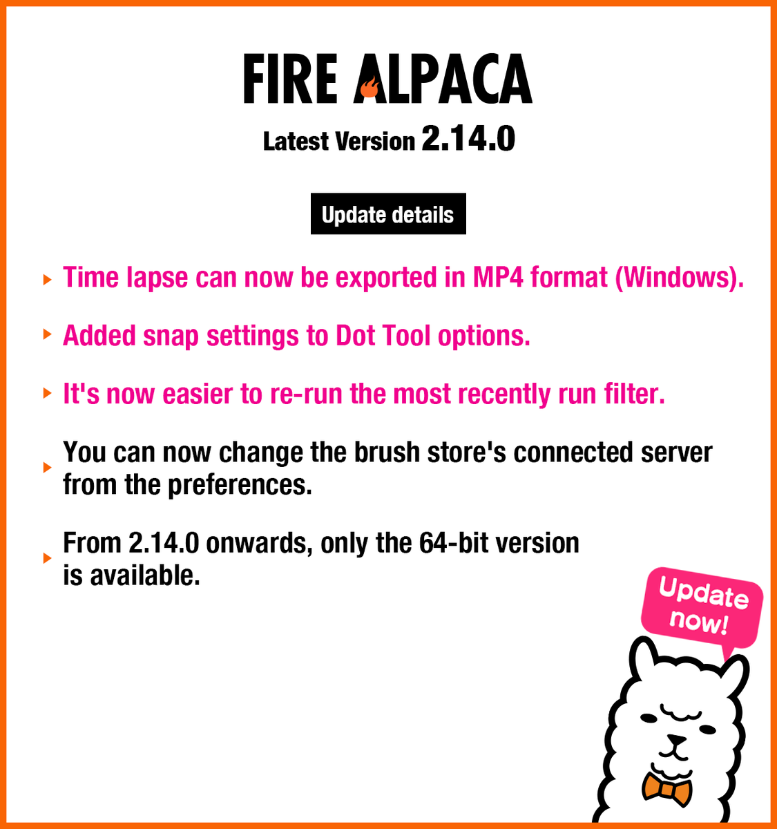 firealpaca_en's tweet photo. 🔥🦙Ver. 2.14.0 released🦙🔥

Time lapse can now be exported in MP4 format!
(Windows)
Please see image for update details 👀
Check out the updates!!

⬇️⬇️FireAlpaca download⬇️⬇️
https://t.co/8SOwlR4YT8 https://t.co/AqoSMadxaX