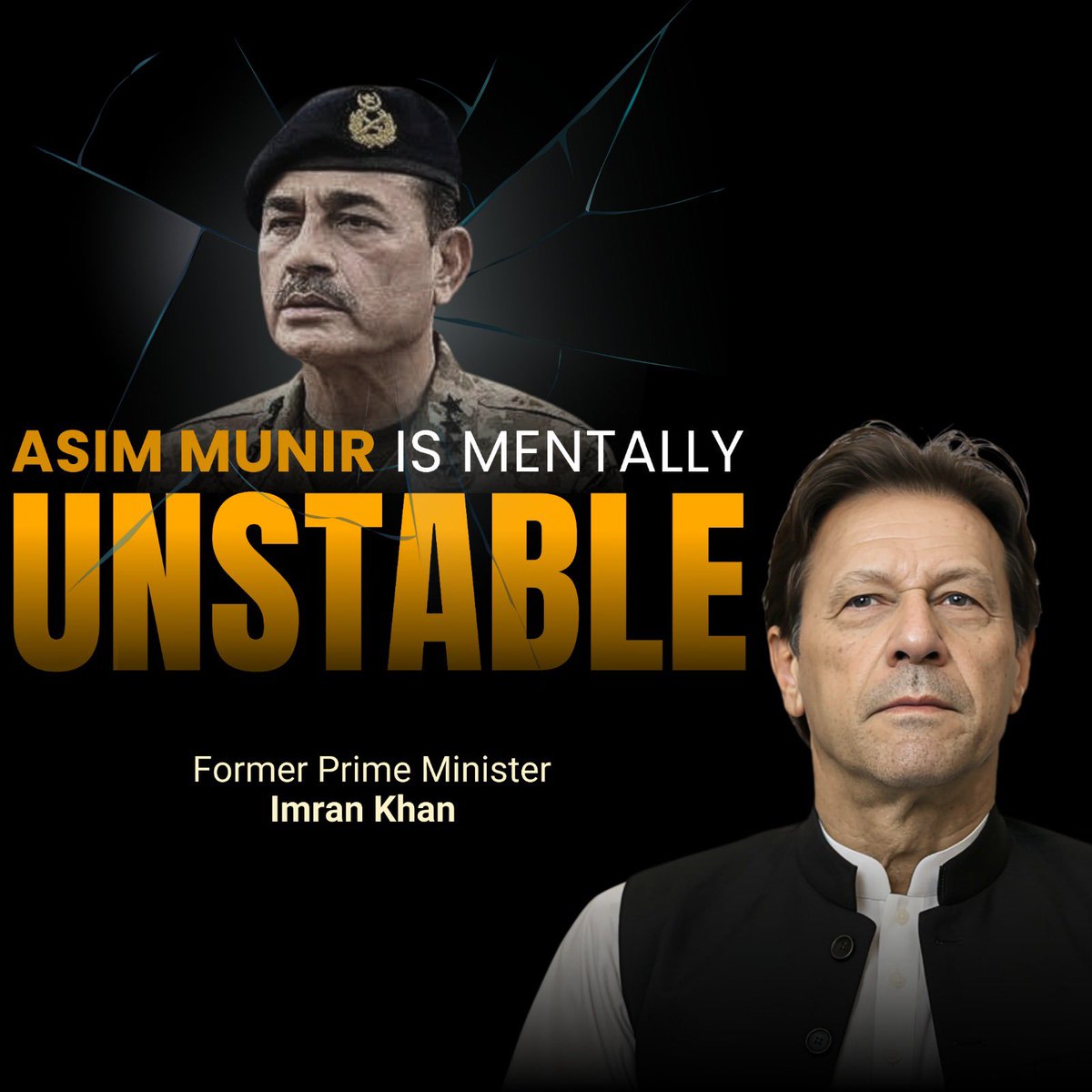 “Asim Munir is the most tyrannical dictator in history and is mentally unstable”. 

Illegally Incarcerated Former Prime Minister of Pakistan, Imran Khan. 

#UndeclaredMartialLaw

#ذہنی_مریض_نامنظور