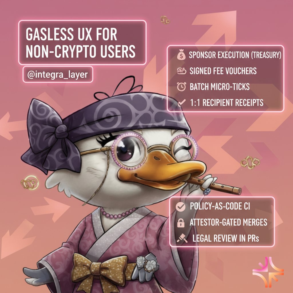 Reminder: non‑crypto users need gasless UX. On @integra_layer you can  sponsor execution via a treasury, emit signed fee vouchers in logs, and  batch micro‑ticks while keeping per‑recipient receipts 1:1. I ran a