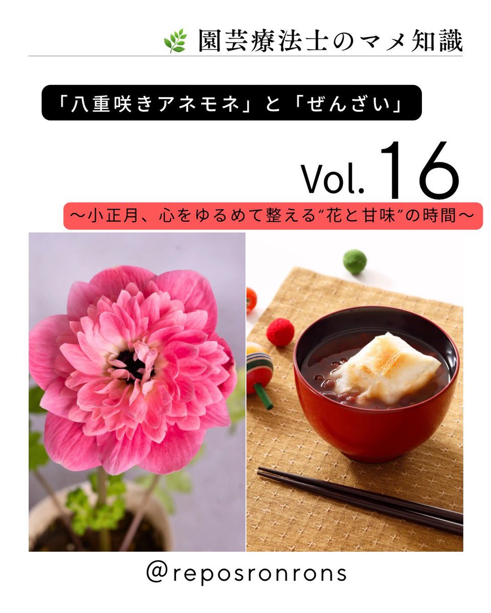 ReposRonroNs's tweet photo. 🍂 園芸療法士のマメ知識 VOL.16

テーマ：小正月、心をゆるめて整える
“花と甘味”の時間

詳細はインスタをチェック✅
https://t.co/0i5GbUfTF1 https://t.co/buLnwoEiD5
