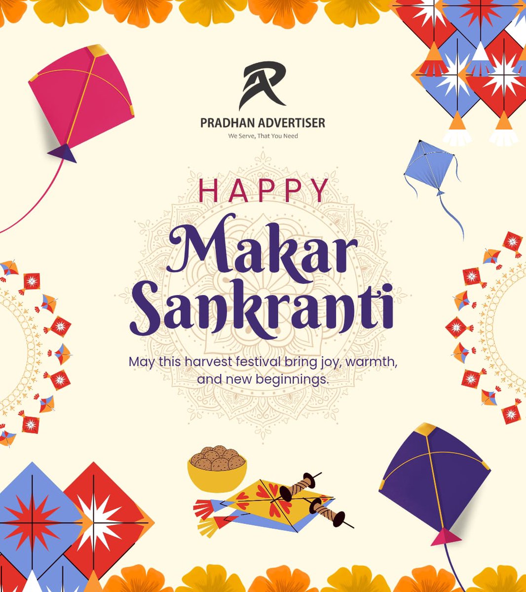 pradhanadvt's tweet photo. May this Makar Sankranti bring new hopes, good health, and soaring success into your life. 🌞🪁
Wishing you a very Happy Makar Sankranti! #MakarSankranti #NewBeginnings #PradhanAdvertiser https://t.co/pq12tJdAkC