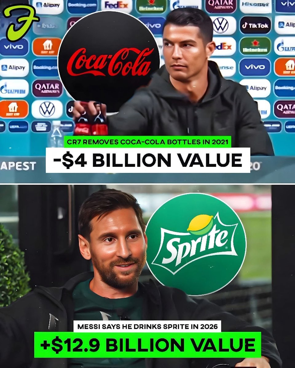 MessiFCWorld's tweet image. In 2021, Cristiano Ronaldo pushed aside Coca-Cola bottles for water at a press conference. Days later, Coca-Cola shares dropped, wiping out around $4 billion in market value.

Fast forward to 2026 and the opposite happened. A casual comment from Lionel Messi about drinking Sprite…
