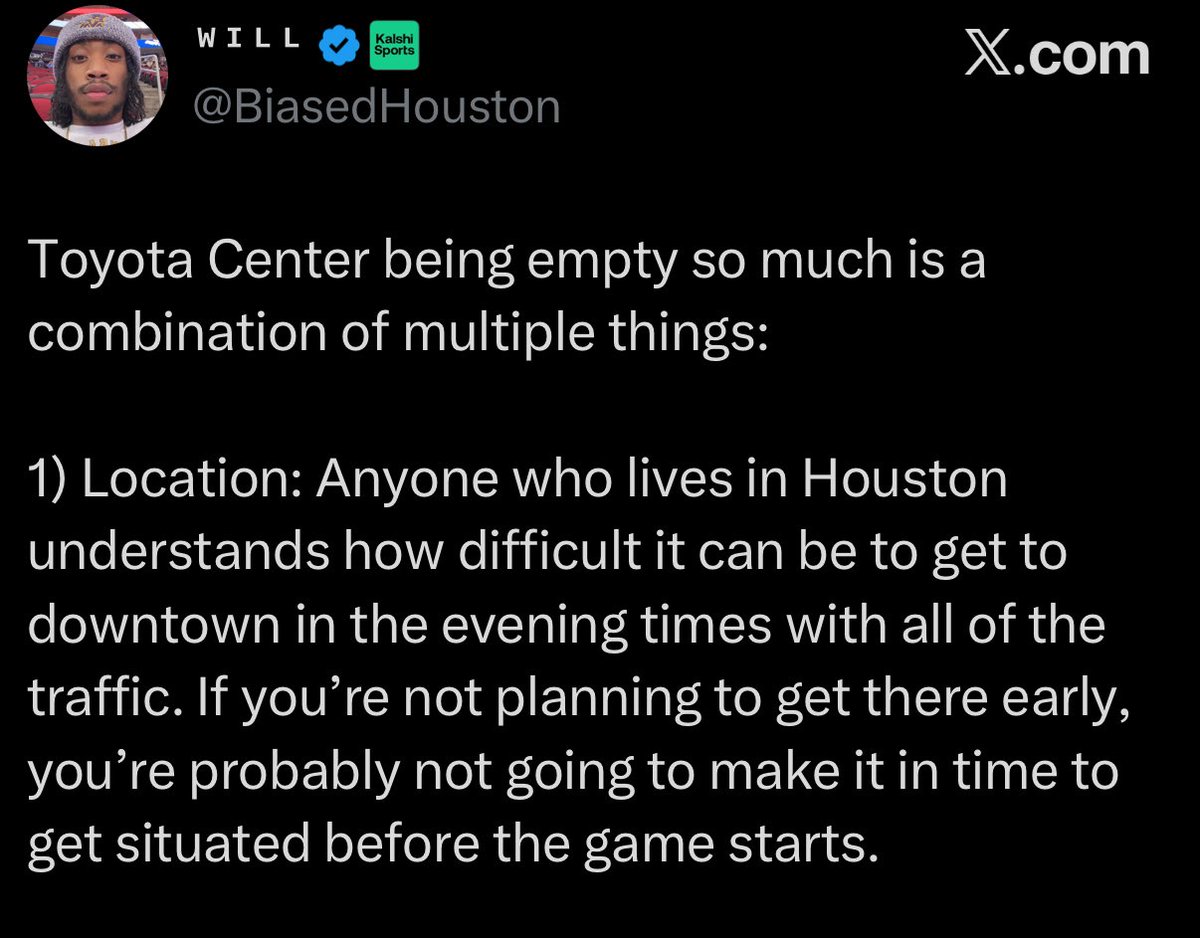 I’ve BEEN saying that pregame traffic downtown Houston is one of the biggest reasons the traffic is so bad to start games at Toyota Center.

If you’re not from Houston, you don’t get it.