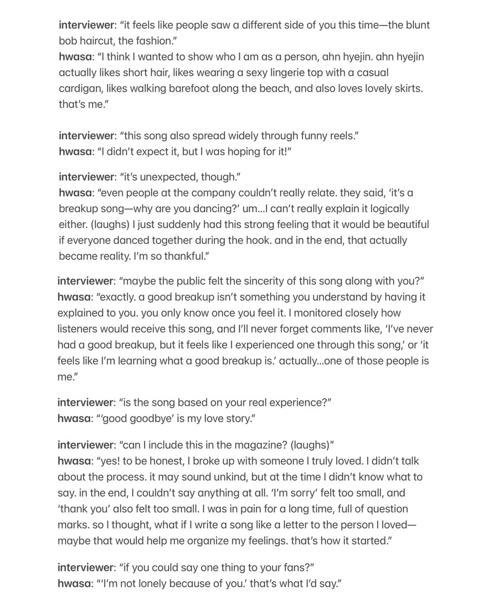 whoreforhyejin's tweet photo. hwasa’s interview with dazed magazine: 

“even people at my company said, 'it's a breakup song—why are you dancing?' um...I can't really explain it logically either. (laughs) I just had this strong feeling that it would be beautiful if everyone danced together during the hook” https://t.co/Bfjbp5rJz2