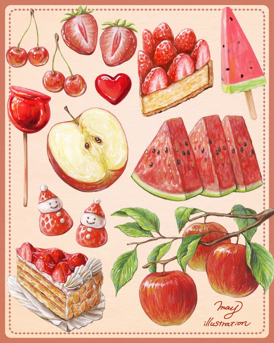 may_illust5's tweet image. Hello #PortfolioDay 🎨✨
I love drawing food illustrations!!!!😋🩷