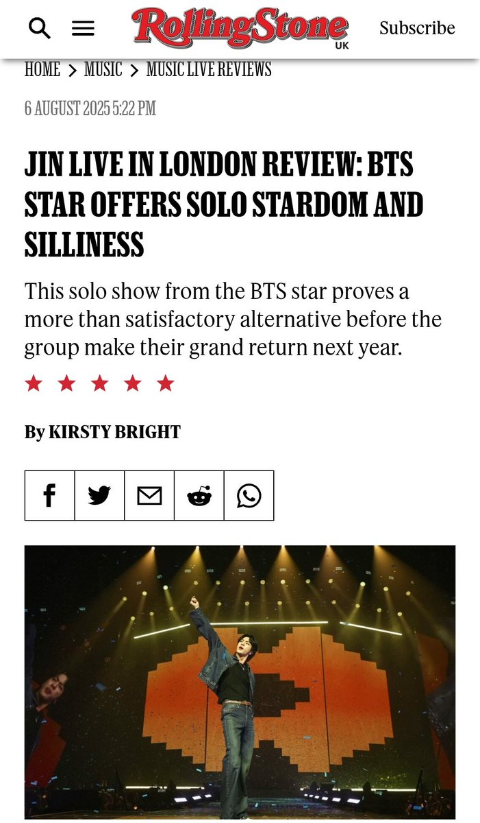 JINSRECORD's tweet photo. #JIN RUN SEOKJIN EP TOUR HAS RECEIVED A PERFECT 5-STAR RATING
BY THE ROLLING STONE! ⭐⭐⭐⭐⭐

"Jin is truly a one-of-a-kind entertainer; he took the traditional concert structure and turned it on its head and in doing so created something entirely his own." https://t.co/tFm2BdSzVr