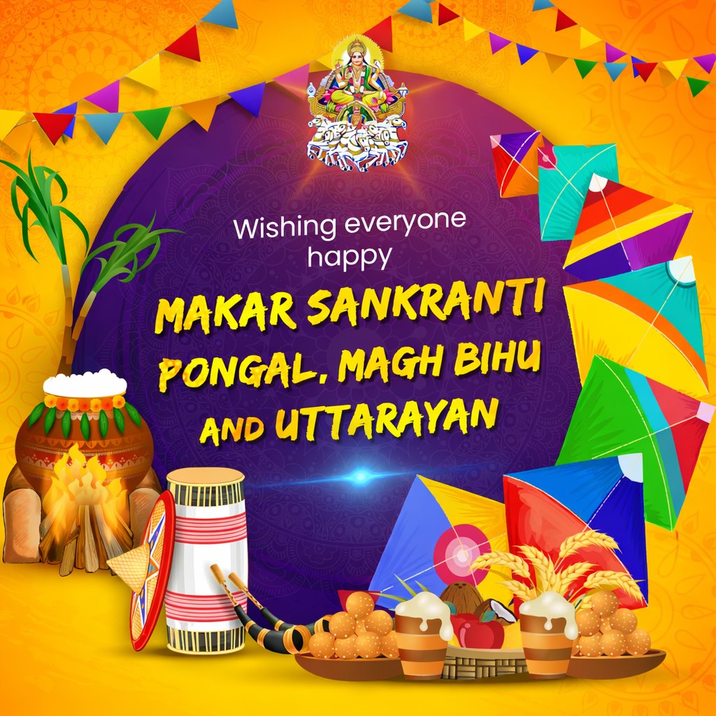 Celebrating the spirit of harvest — the colours of Uttarayan, the flavours of Pongal, the warmth of Magh Bihu, and the unity of Makar Sankranti. 
Wishing everyone abundance, joy, and a fresh start.