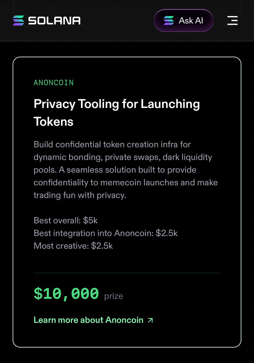 Privacy in token launches will make trading memecoins even more fun. 

Imagine creating Zcash style memecoins with a simple toggle with the C-SPL standard. 

Anoncoin is giving out bounties worth $10,000 to those building privacy tooling for token launches.