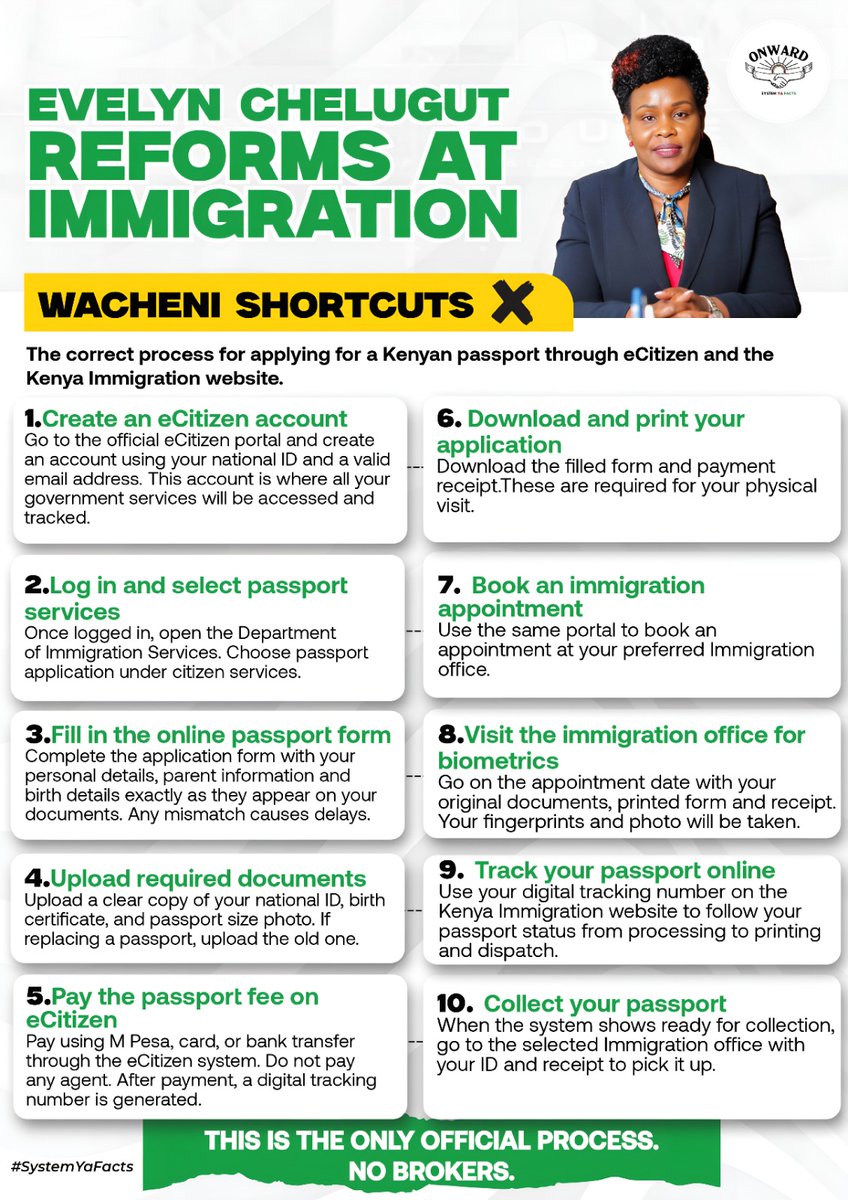 Ben__Mogaka's tweet photo. Follow the correct process patiently, knowing compliance guarantees legitimacy, peace of mind, and trustworthy passport issuance outcomes for citizens today nationwide.
Wacheni Shortcuts
#EvelynChelugutReforms https://t.co/MtDdwFyBXG