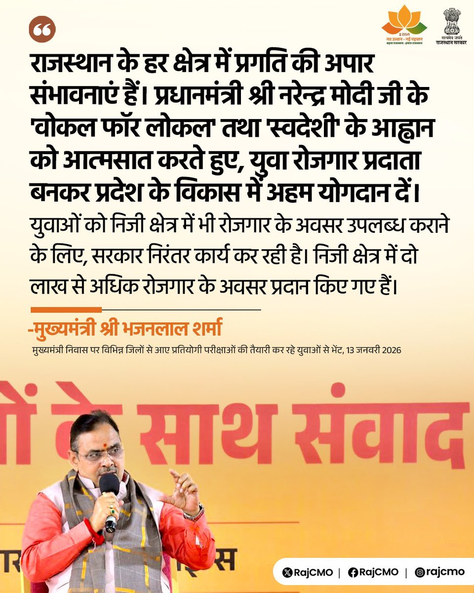 RajCMO's tweet photo. प्रधानमंत्री श्री नरेन्द्र मोदी जी के 'वोकल फॉर लोकल' तथा 'स्वदेशी' के आह्वान को आत्मसात करते हुए, युवा रोजगार प्रदाता बनकर प्रदेश के विकास में अहम योगदान दें।      
@BhajanlalBjp
#आपणो_अग्रणी_राजस्थान https://t.co/Mtt8sd726u