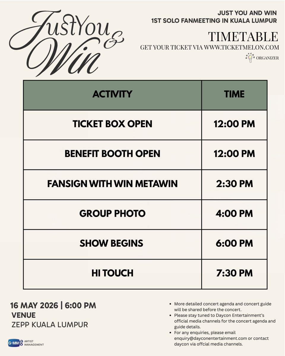 DAYCON_ENT's tweet photo. JUST YOU & WIN 1ST SOLO FAN MEETING IN KUALA LUMPUR 💙

The wait is over.
The moment is real.
It’s finally JUST YOU and WIN.

Win Metawin is coming to Kuala Lumpur - Malaysia for his very first solo fan meeting, bringing an intimate night filled with smiles, laughter, close interactions, and unforgettable memories — created only with you.

📍 Zepp Kuala Lumpur - Malaysia 
📅 16 May 2026 – 6:00 PM

🎟 TICKET SALES
🔥 General Sale: 26 January 2026
🕐 1:00 PM (Malaysia Time) | 12:00 PM (Thailand Time)
🌐 https://t.co/RTDqGedeSZ

This is not just a fan meeting.
This is YOUR moment with Win.

Save the date. 
Set your alarm.
See you there. 💫

#JustYouandWin1stsoloFMinKualaLumpur #winmetawin
@winmetawin
#GMMTV #DAYCON