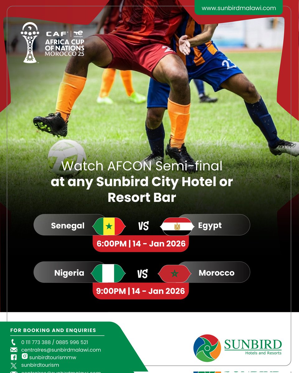 Watch the AFCON semi-finals at any Sunbird Hotels and Resorts bar today🔥🔥🔥.

Which 2 teams do you predict will meet in the finals⚽️⚽️?

#AFCON
#thehomeofhospitality
#thesunbirdexperience