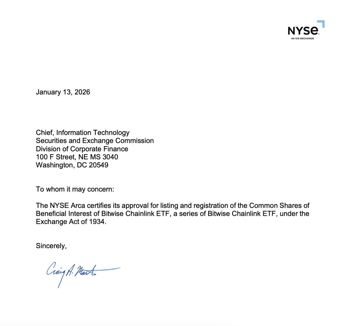 GM CT 🤝 🚨 Breaking: NYSE Arca approves Bitwise Chainlink #ETF for  trading. Ticker CLNK could go live as early as Jan 15, holding spot  Chainlink ( $LINK) with custody by Coinbase.