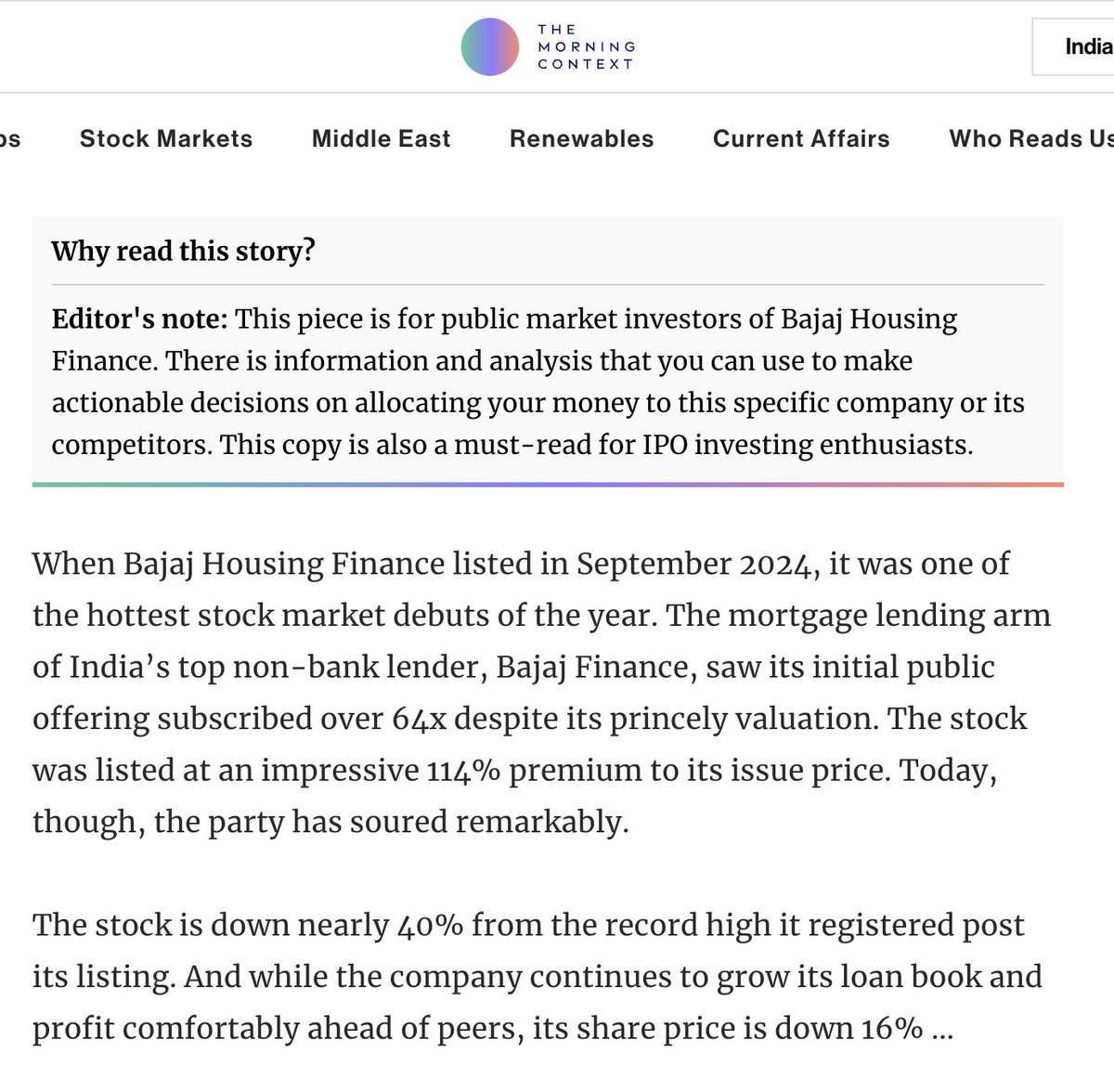 akm1410's tweet image. Bajaj Housing Finance's post IPO life has been disappointing. A classic case of failing to live up to investor expectations. @MorningContext
