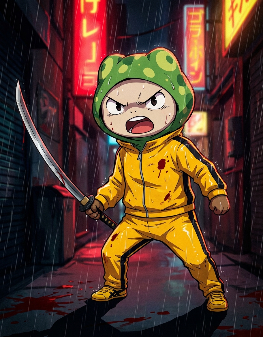 Kill Bill frog hunting down paper hands with this katana ⚔️ revenge arc hitting different 🐸 bout to slice through FUD like it's nothing wagmi samurai style