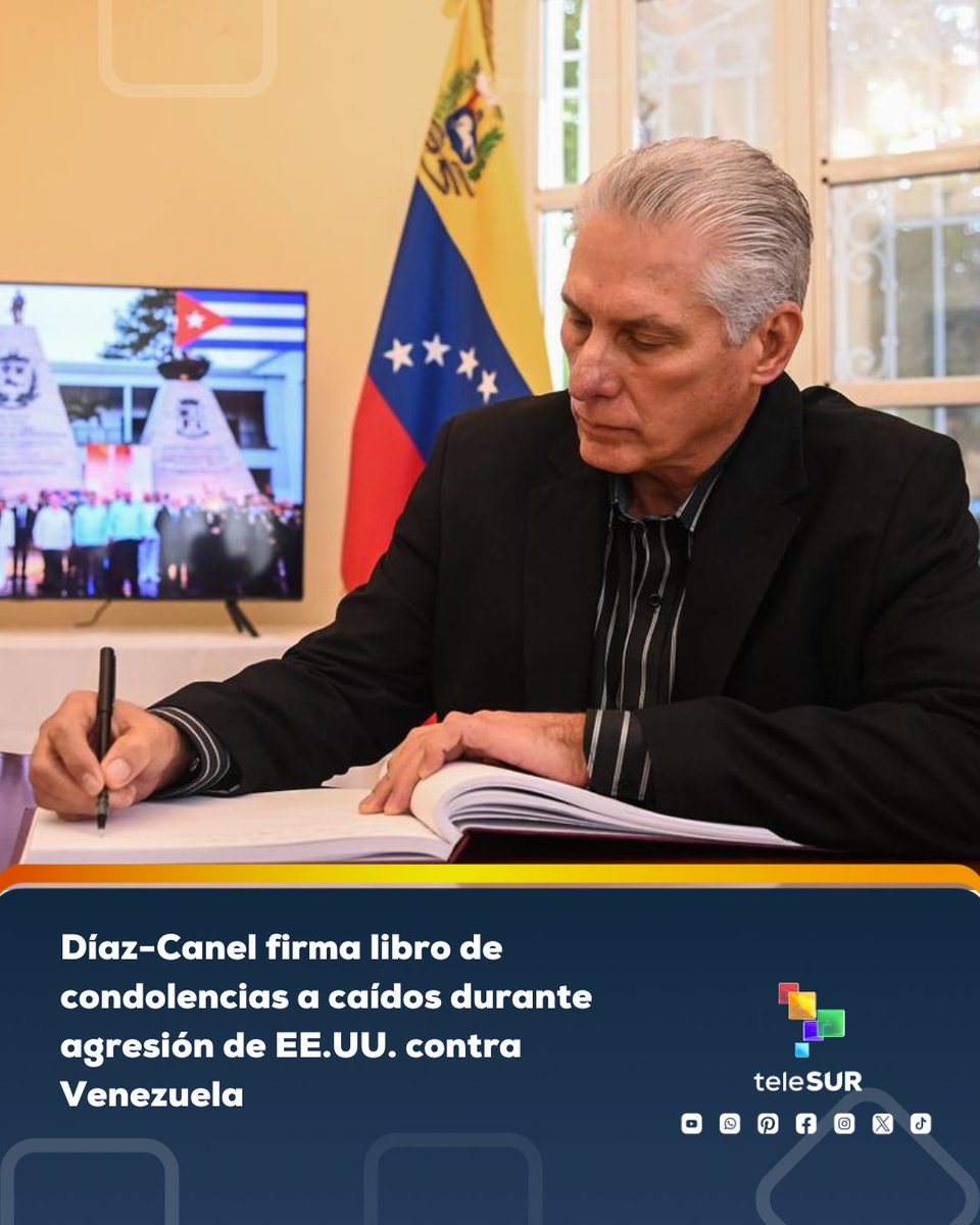 📌El presidente Miguel Díaz-Canel firmó el libro de condolencias dispuesto en la embajada venezolana en La Habana para rendir homenaje a los mártires de #Venezuela🇻🇪 y #Cuba🇨🇺, asesinados durante el ataque militar perpetrado por EE.UU. el pasado 3 de enero.

🔴“Expresamos