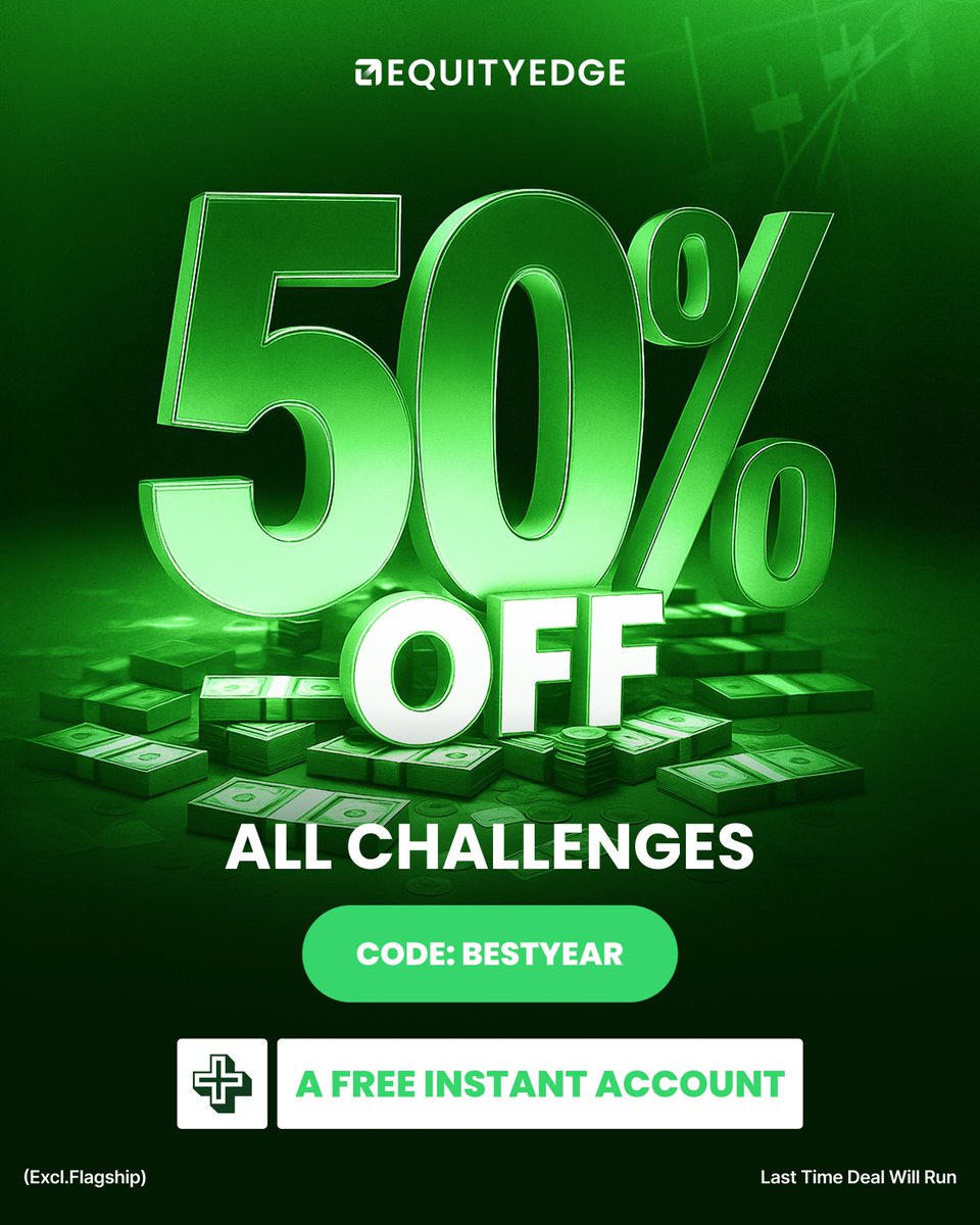 EquityEdgeUK's tweet image. 50% OFF + FREE Instant Account. 🔥⁠
⁠
Don't miss this deal. Secure your challenge today and get an Instant Account completely free.⁠
⁠
✅ Valid on Legacy, Swift, and Instant Accounts. ⁠
✅ Code: BESTYEAR⁠
⁠
This offer expires Jan 31st. Get funded now