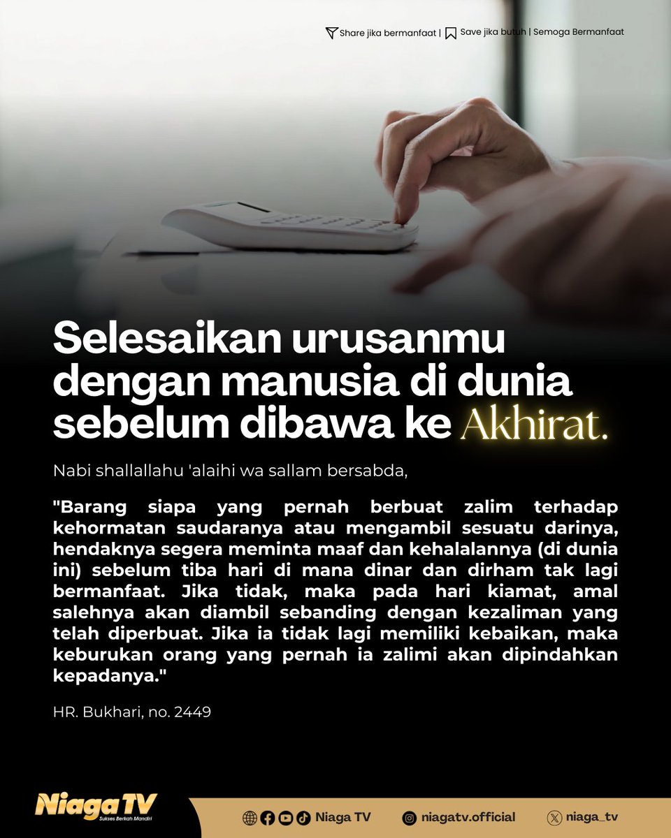 Selesaikan urusanmu dengan manusia di dunia sebelum dibawa ke akhirat

#Sunnah #reminder #Islam #quote