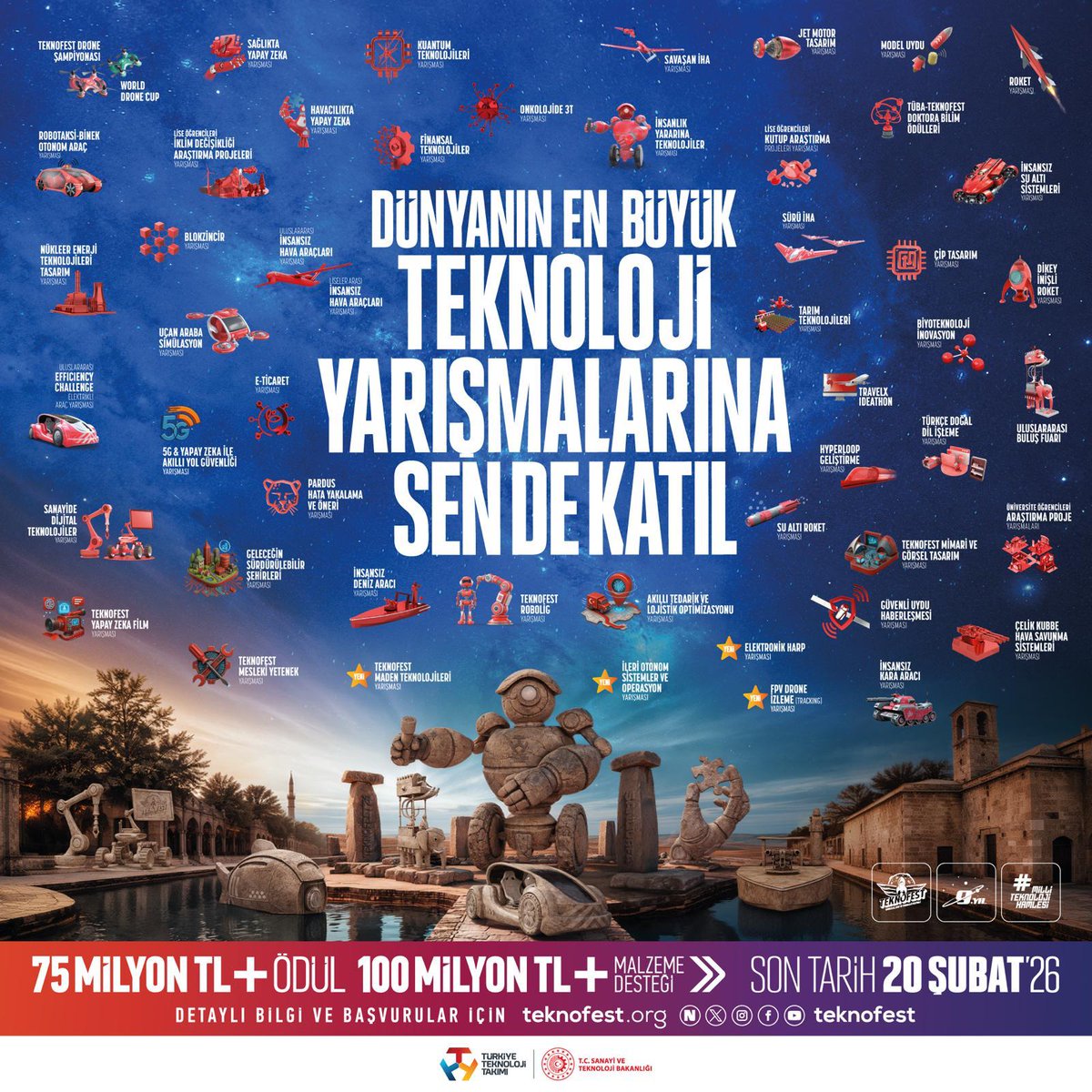 Yeniden Başlıyoruz! 🚀

5️⃣2️⃣ ana kategori, 1️⃣2️⃣7️⃣ alt kategoriden oluşan #TEKNOFEST 2026 Teknoloji Yarışmaları için başvurular BAŞLADI! ⚙️🧑‍💻🏎

Şimdi sıra sende…

👉 Detaylar › teknofest.org